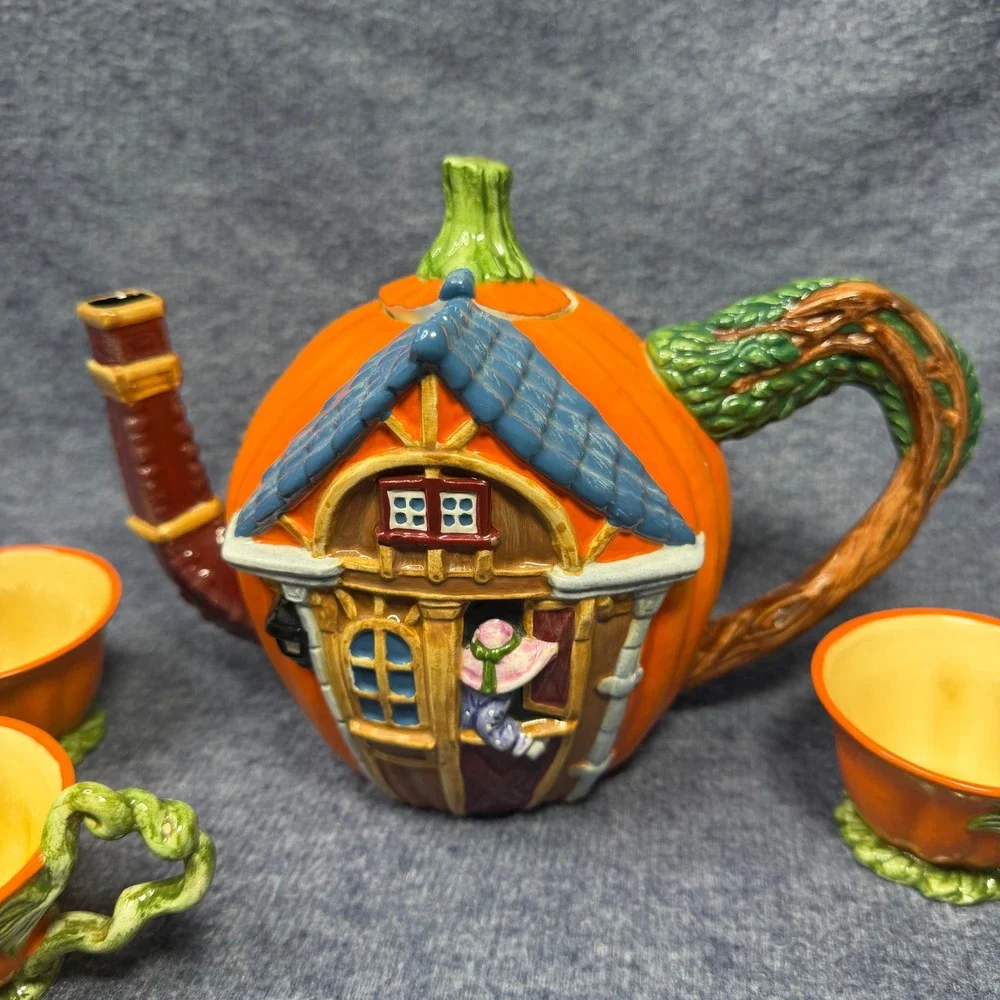 Dept 56 Pumpkin House Teapot + 3 Teacups Set Ceramic Fall Autumn Decor Whimsical